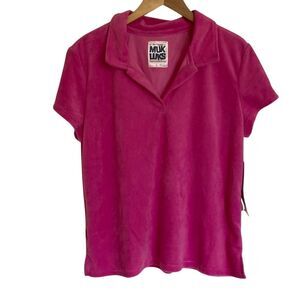 Muk Luks Women's Short‎ Sleeve Terry Feel Shirt in Pink Size L